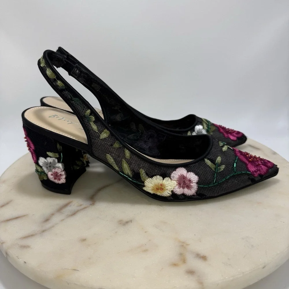 Betsey Johnson Black SB-Lira Women's Embroidered Beaded Size 9.5M Slingback Pump